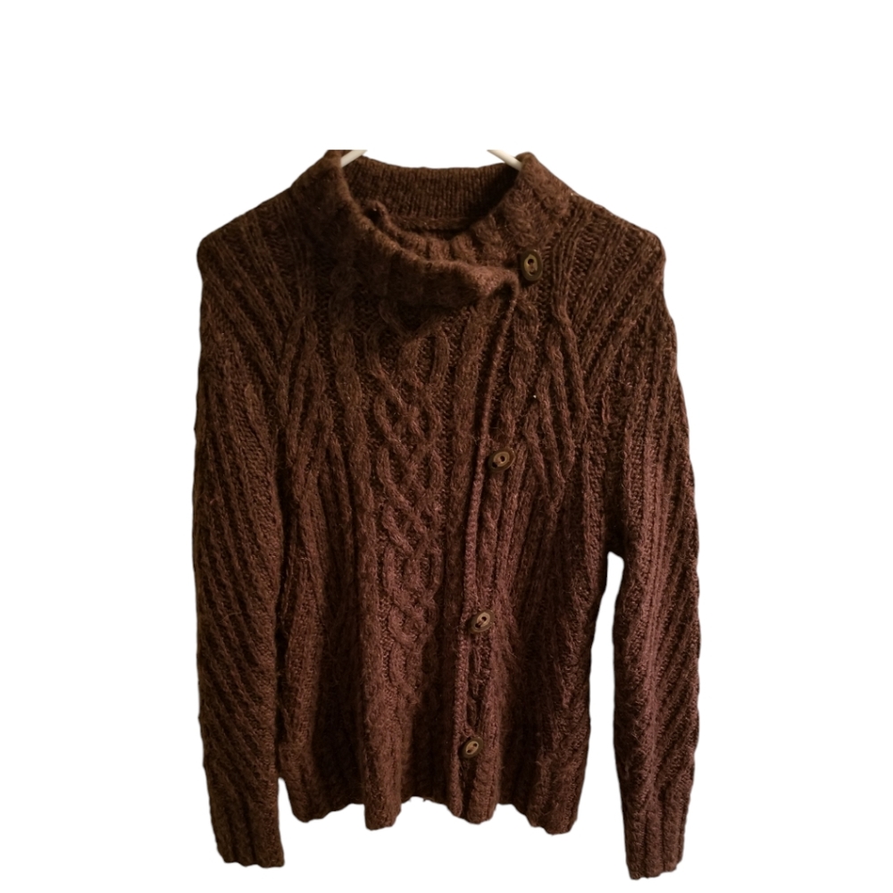 Icelandic Design Women's S Brown Cable Knit Cardigan Alpaca Blend